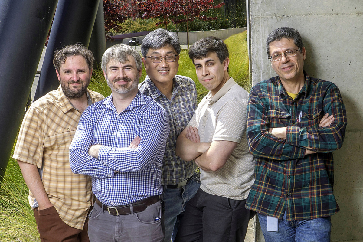 The Gigacrop team. L-R: Senior Scientist Michael Dougherty, CEO Chris Eiben, Head of Protein Engineering Juhan Kim, Associate Scientist Victor Vela, Scientist II Rahman Pour. Photo by Jim Block.