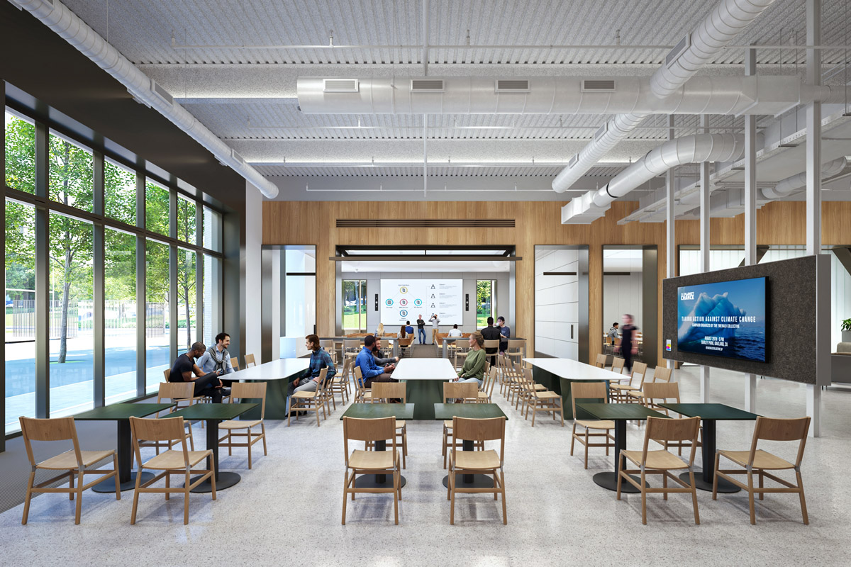 Architect's rendering of interior space at Bakar Labs for Energy & Materials. Sparsely occupied cafeteria space