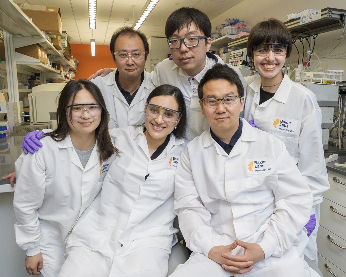 Six scientists wearing white lab coats
